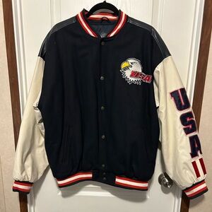Steve & Barry’s Vintage USA Eagle Varsity Jacket - cream and black - size L